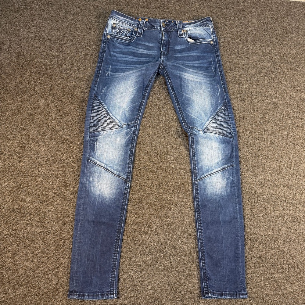Rock Revival Jeans Mens 30 Mena Skinny Blue Moto Ribbed EP9433S200R EUC